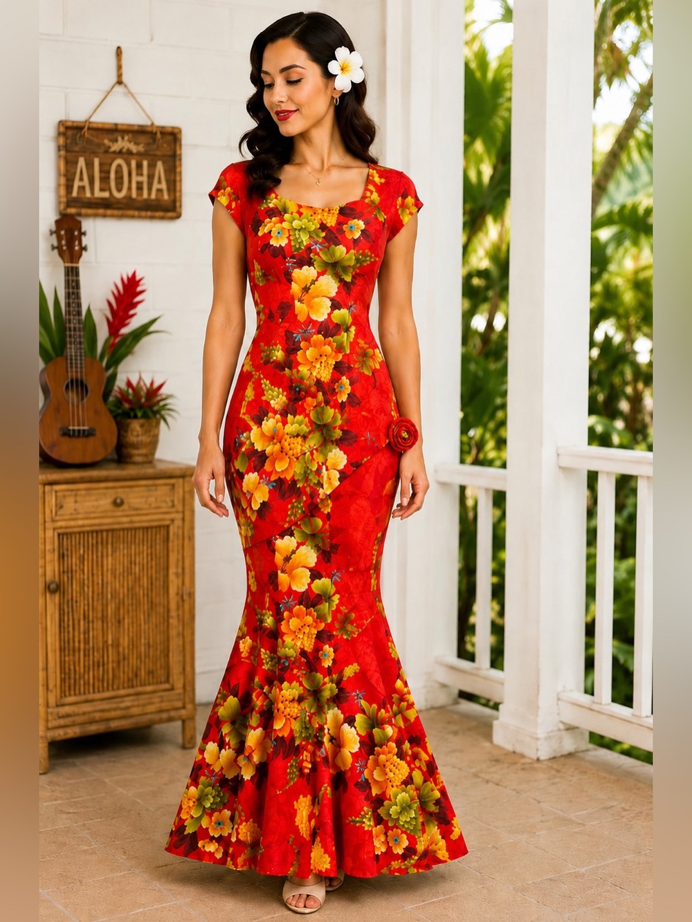 Rare Vintage Reefa Hawaii Mermaid Dress Red Tropical Floral Fishtail Tiki S M
